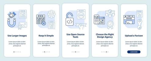 Building professional website light blue onboarding mobile app screen. Walkthrough 5 steps editable graphic instructions with linear concepts. UI, UX, GUI template. vector