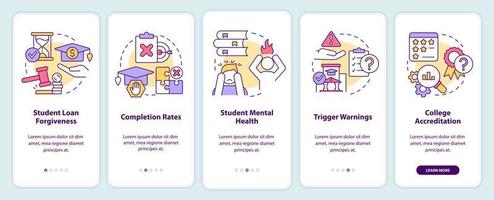 Issues in higher education onboarding mobile app screen. Walkthrough 5 steps editable graphic instructions with linear concepts. UI, UX, GUI template. vector