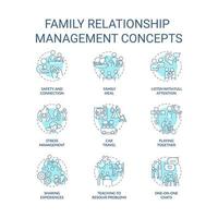 Family relationship management turquoise concept icons set. Spend time together idea thin line color illustrations. Isolated symbols. Editable stroke. vector