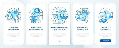 Cooperative principles blue onboarding mobile app screen. Business walkthrough 5 steps graphic instructions pages with linear concepts. UI, UX, GUI template. vector