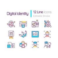 conjunto de iconos de color rgb de identidad digital. privacidad de datos biométricos. escáneres para autenticación e identificación. ilustraciones vectoriales aisladas. colección de dibujos de líneas llenas simples. trazo editable vector