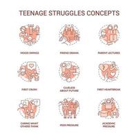 Teenage struggles terracotta concept icons set. Major problems facing adolescent idea thin line color illustrations. Isolated symbols. Editable stroke. vector