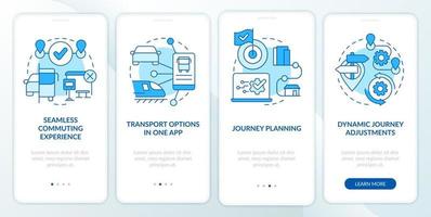 MaaS perks blue onboarding mobile app screen. Mobility services walkthrough 4 steps editable graphic instructions with linear concepts. UI, UX, GUI template. vector