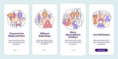 Negative teenage body image onboarding mobile app screen. Self-esteem walkthrough 4 steps editable graphic instructions with linear concepts. UI, UX, GUI template. vector