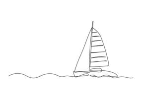 Continuous line drawing of a sailboat in the sea. Minimalism art. vector