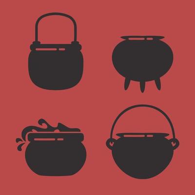 Set of pots for brewing potions. Halloween design elements in black flat style.