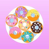 A set of appetizing cartoon donuts on a plate. Gradient in pink tones in the background. Vector flat illustration.