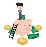 businessman standing on a Piggy bank vector