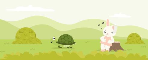 Rabbit is Sleeping Under the Tree withTurtle is Running to Finish vector