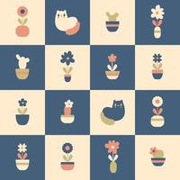 patrón impecable con flores y gatos sobre un fondo a cuadros. vector