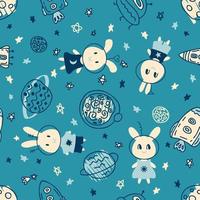 Seamless pattern with rabbits cosmonauts explore universe. vector