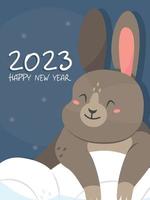 The design of the New Year's vertical greeting card 2023 rabbit. A card with a cute rabbit on the snow in cartoon style and the text happy new year. Vector illustration.