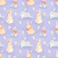 Seamless pattern with cute cartoon-style Christmas rabbits with carrot gingerbread cookies and snowflakes on blue background. Vector illustration background.