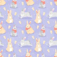 Seamless pattern with cute cartoon-style Christmas rabbits with carrot gingerbread cookies and snowflakes on blue background. Vector illustration background.