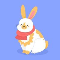 Cute spotted rabbit with red scarf in cartoon style isolated on the background. Vector Christmas illustration. 2023 is the new year of the rabbit.