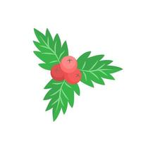 Twig of holly with berries in a cartoon flat style isolated on the background. Vector Christmas and happy new year illustration.