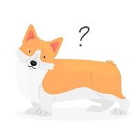 un perro corgi con un signo de interrogación. pregunta de perro un perro sin comprender con la cabeza inclinada. ilustración vectorial de mascotas. vector