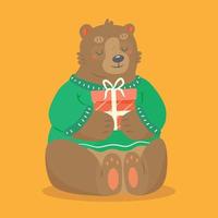 Cute bear in a sweater with a gift in his paws in cartoon style. Vector illustration of an animal character.