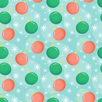 Seamless pattern with colorful Christmas tree toys and snowflakes in cartoon style on a blue background. Vector Christmas illustration background.