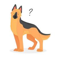 A german shepherd dog with a question mark. Dog question. An uncomprehending dog with its head tilted. Vector pet illustration.