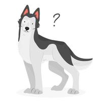 un perro husky siberiano con un signo de interrogación. pregunta de perro un perro sin comprender con la cabeza inclinada. ilustración vectorial de mascotas. vector