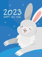 The design of the New Year's postcard 2023 rabbit. A card with a cute happy rabbit in cartoon style and the text happy new year. Vector illustration.