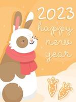 The design of the New Year's postcard 2023 rabbit. A card with a cute rabbit with gingerbread cookies in cartoon style and the text happy new year. Vector illustration.