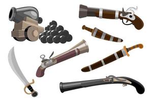 conjunto de objetos de arma de juego vectorial de dibujos animados piratas. colección de elementos de aventura marina vector