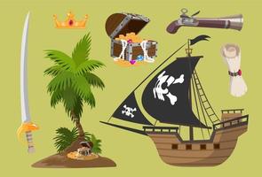 Pirate cartoon vector game weapon object set. Sea adventure element collection