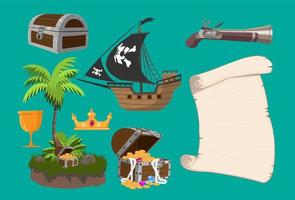 Pirate cartoon vector game weapon object set. Sea adventure element collection