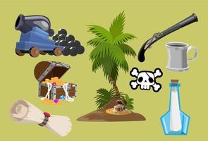 conjunto de objetos de arma de juego vectorial de dibujos animados piratas. colección de elementos de aventura marina vector