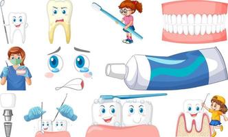 Set of dental equipments and cartoon characters vector