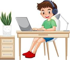 A boy browsing internet on laptop vector
