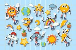 Set of weather sticker cartoon character on grid background vector