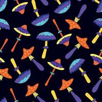 Seamless Pattern with Trippy Psychedelic Mushrooms on Dark Blue Background. Decorative Trippy Halloween Pattern with Vibrant Psychedelic Mushrooms vector