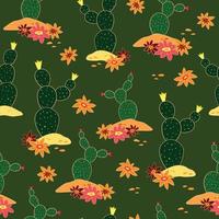 Vintage Western Style Seamless Pattern with Desert Cacti and Flowers on Green Background vector