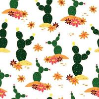 Seamless Retro Pattern with Desert Cacti and Flowers on Transparent Background vector