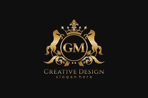 initial GM Retro golden crest with circle and two horses, badge template with scrolls and royal crown - perfect for luxurious branding projects vector