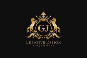 initial GJ Retro golden crest with circle and two horses, badge template with scrolls and royal crown - perfect for luxurious branding projects vector