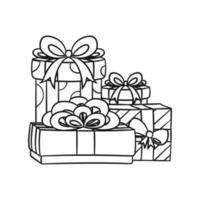 Colorful festive gifts, boxes and presents outline cartoon illustration. Christmas or birthday gifts with bows. Coloring book page printable activity worksheet for kids. vector