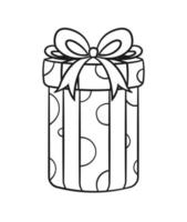 Round gift box with polka dots and bow cartoon. Christmas or birthday present illustration outline. Coloring book page printable activity worksheet for kids. vector