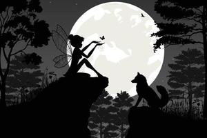 cute fairy and moon silhouette landscape vector