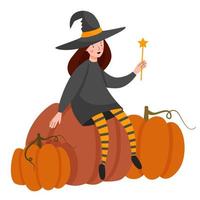 Halloween scene. A girl dressed as a witch sits on a large pumpkin. Vector flat illustration.