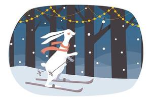 Cute white hare in a red scarf is skiing in winter forest. Bunny skiing in the Christmas park. Illustration for children. vector