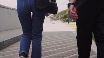 twee tieners wandelen langs een trottoir pad draag- skateboards en rugzakken video