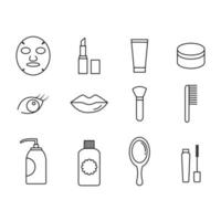 Set of skincare routine. Icon and symbol. Mask, lipstick, lip, cream, mirror, shampoo and more. Vector illustration