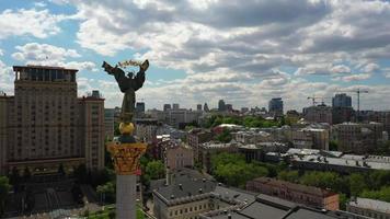 Aerial pan of Ukraine's Independence Monument overlooking capital city of Kyiv video