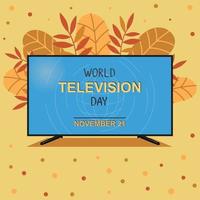 World television day banner. Vector autumn illustration with colorful leaves and television in the center. November 21