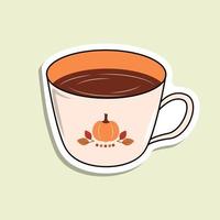 Isolated vector cup with beverage on the light green background. A cup with pumpkin and leaves and red dots. Cartoon sticker