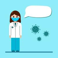 Vector medical concept in flat style. Cartoon woman in white uniform telling something about coronavirus.